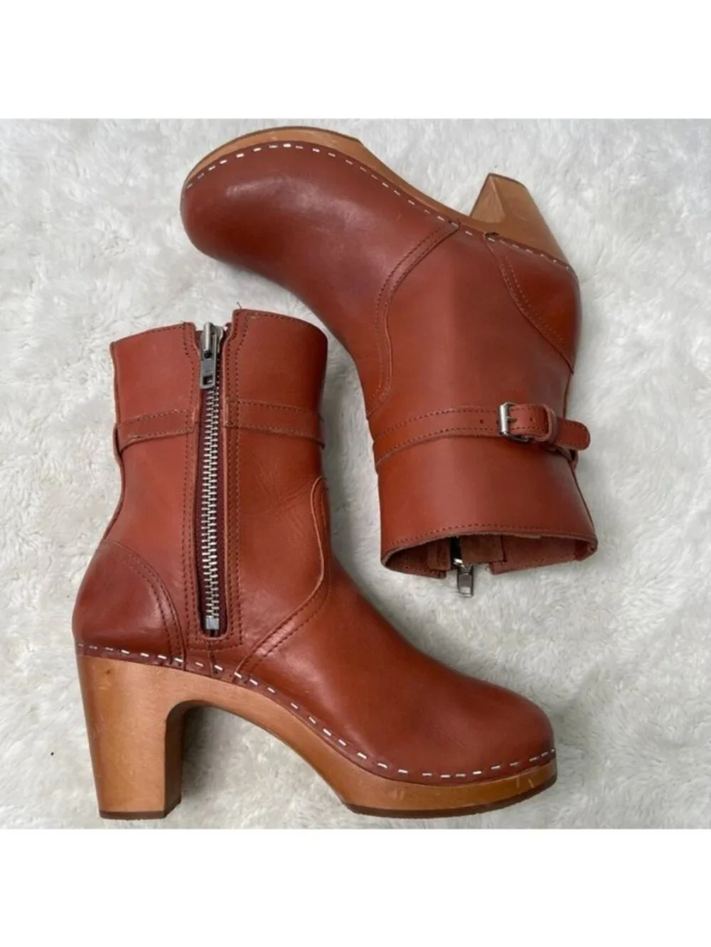Swedish Hasbeens New Jodhpur Cognac Leather Clog Boots Wood Heel Size 39 / US 9 - Picture 6 of 14
